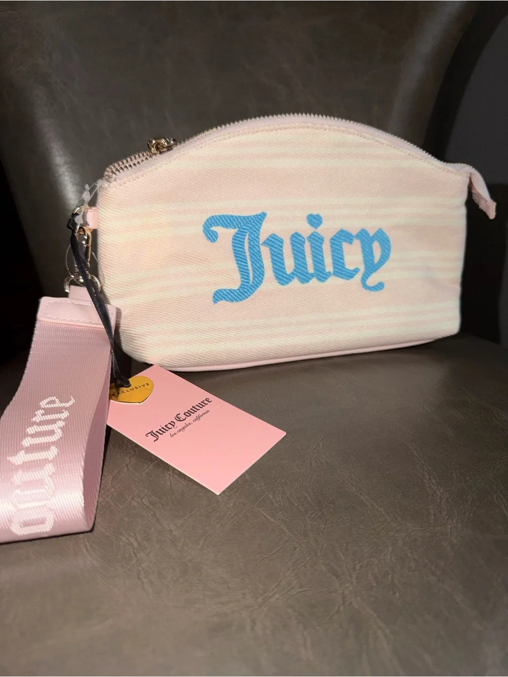 Juicy Couture Pink Cosmetic Pouch with Blue Logo and Wrist Strap